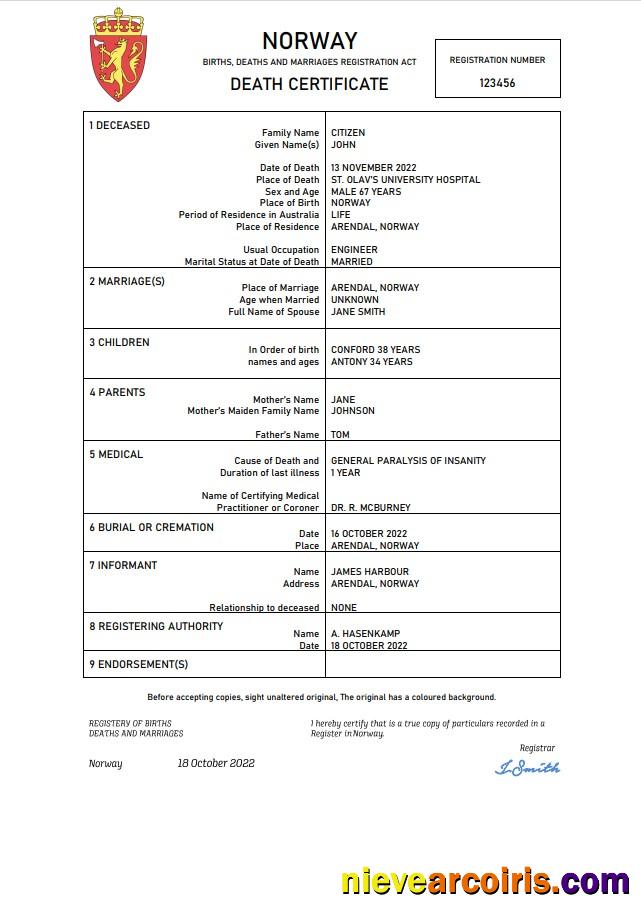 Norway vital record death certificate